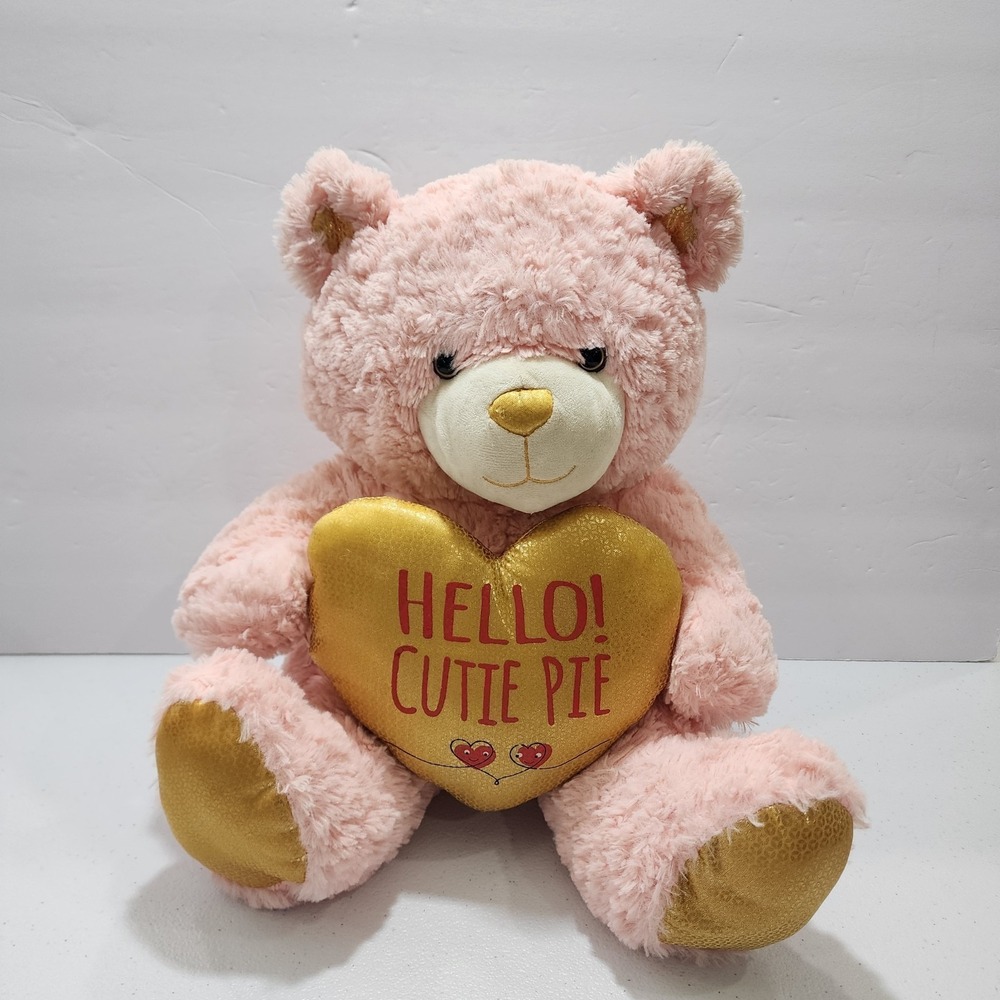 Animal Adventures Valentine Plush Hello Cutie Pie Pink Bear Gold Heart 12'